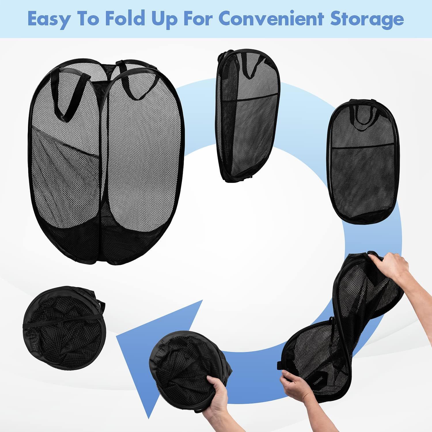 2 PCS Mesh Pop Up Laundry Hamper Collapsible Washing Basket with Side Pocket & Reinforced Handles Portable Dirty Clothes Bin for Dorm Travel & Toy Storage (Black & Grey) - Image 5