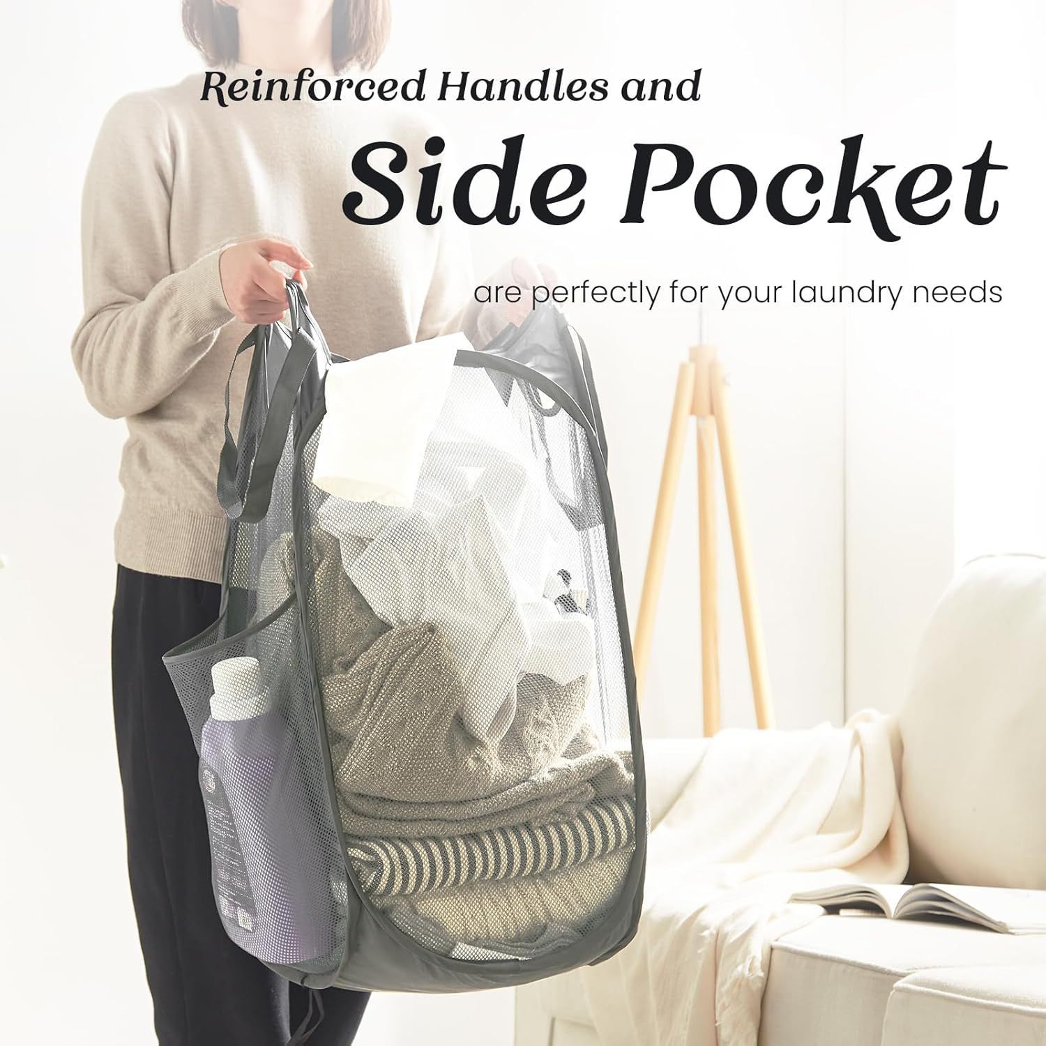 2 PCS Mesh Pop Up Laundry Hamper Collapsible Washing Basket with Side Pocket & Reinforced Handles Portable Dirty Clothes Bin for Dorm Travel & Toy Storage (Black & Grey) - Image 7