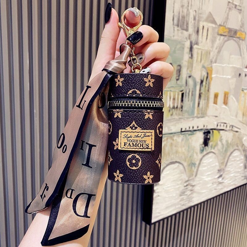 Purple Mini Cylinder Lipstick Case Keychain with Silk Scarf Charm PU Leather Coin Purse Bag Pendant for Earphones Keys Vintage Floral Pattern - Image 1