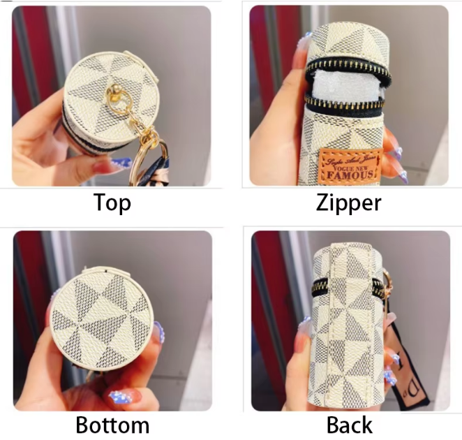 Purple Mini Cylinder Lipstick Case Keychain with Silk Scarf Charm PU Leather Coin Purse Bag Pendant for Earphones Keys Vintage Floral Pattern - Image 2