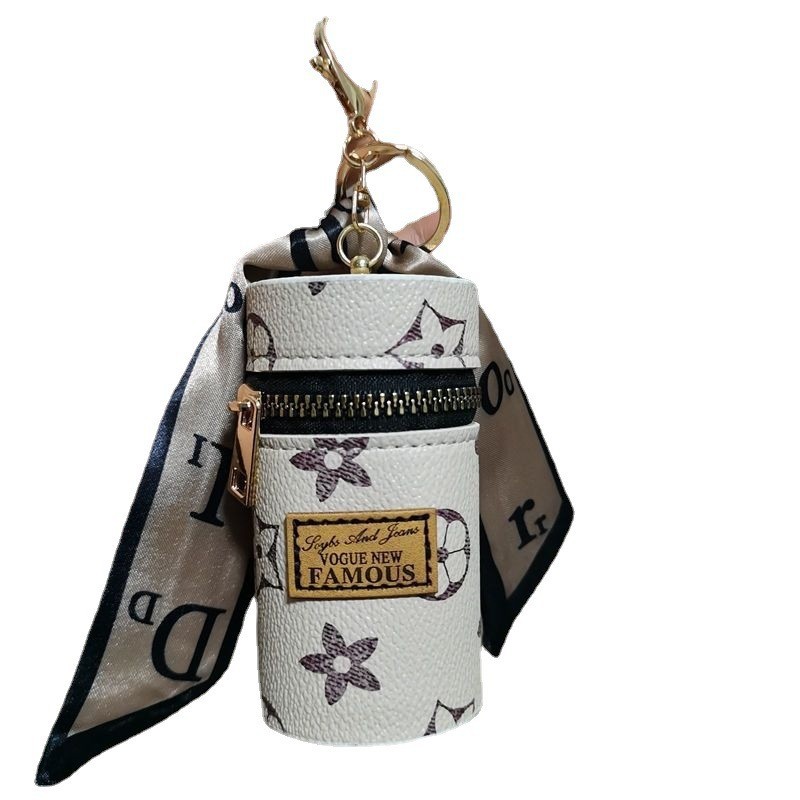 White Mini Cylinder Lipstick Case Keychain with Silk Scarf Charm PU Leather Coin Purse Bag Pendant for Earphones Keys Vintage Floral Pattern - Image 1