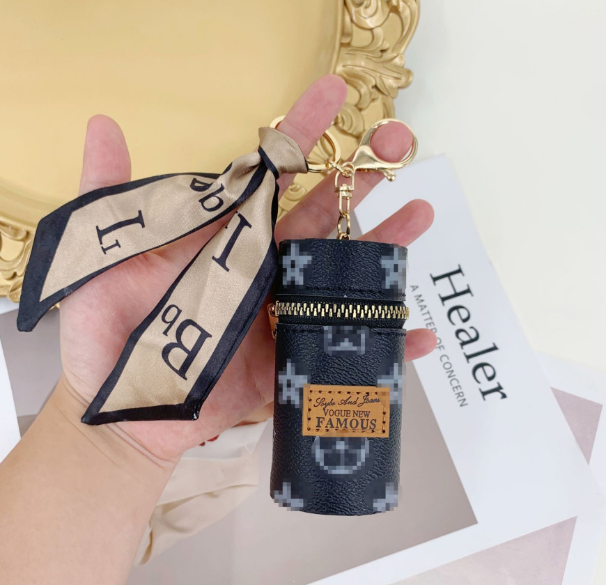 Black Mini Cylinder Lipstick Case Keychain with Silk Scarf Charm PU Leather Coin Purse Bag Pendant for Earphones Keys Vintage Floral Pattern - Image 1