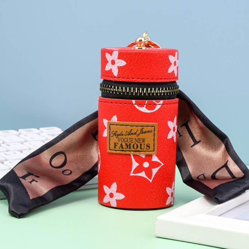 Red Mini Cylinder Lipstick Case Keychain with Silk Scarf Charm PU Leather Coin Purse Bag Pendant for Earphones Keys Vintage Floral Pattern - Image 1