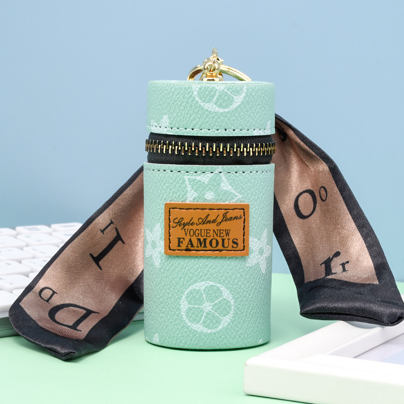 Green Mini Cylinder Lipstick Case Keychain with Silk Scarf Charm PU Leather Coin Purse Bag Pendant for Earphones Keys Vintage Floral Pattern - Image 1