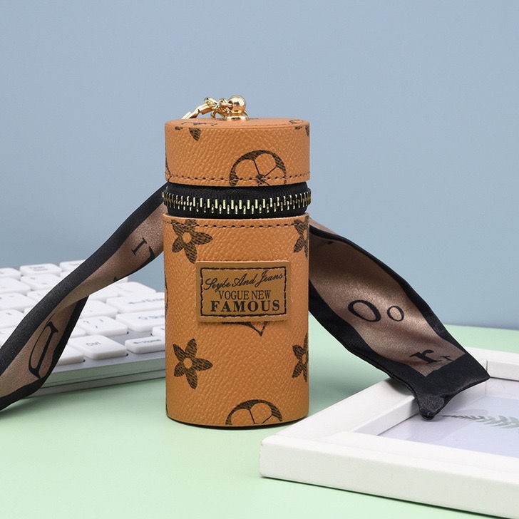Khaki Mini Cylinder Lipstick Case Keychain with Silk Scarf Charm PU Leather Coin Purse Bag Pendant for Earphones Keys Vintage Floral Pattern - Image 1