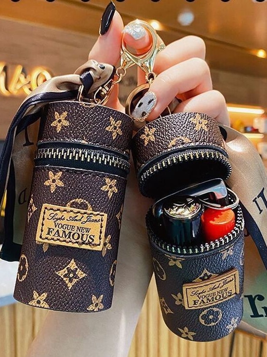 Khaki Mini Cylinder Lipstick Case Keychain with Silk Scarf Charm PU Leather Coin Purse Bag Pendant for Earphones Keys Vintage Floral Pattern - Image 3