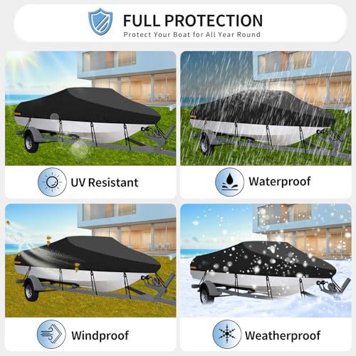 Waterproof Boat Cover 11-13ft Trailerable V-Hull Runabout UV Resistant Marine Grade Storage Tarpaulin with Straps (Black, 420cm x 270cm) - Image 5