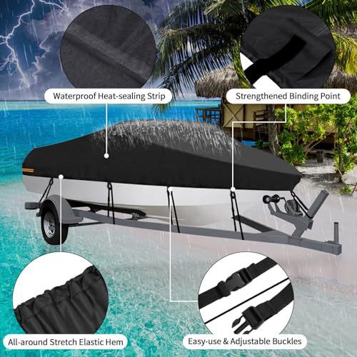 Waterproof Boat Cover 21-24ft Square Bow Jon Boat & Pontoon UV Resistant Marine Storage Tarp Wide Beam (Black, 750cm x 360cm) - Image 4