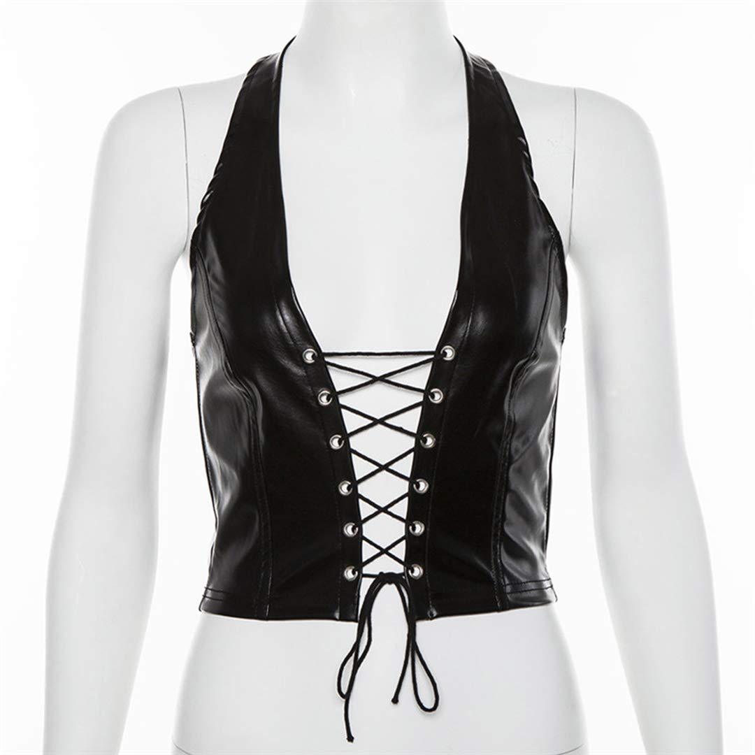 Women's Faux Leather Halter Crop Top Sexy Lace Up Deep V Camisole Gothic Punk Rave Festival Clubwear (Black, Size M) - Image 1