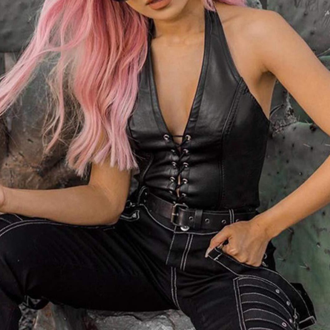 Women's Faux Leather Halter Crop Top Sexy Lace Up Deep V Camisole Gothic Punk Rave Festival Clubwear (Black, Size L) - Image 4