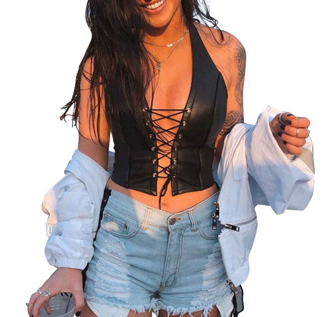Women's Faux Leather Halter Crop Top Sexy Lace Up Deep V Camisole Gothic Punk Rave Festival Clubwear (Black, Size L) - Image 5