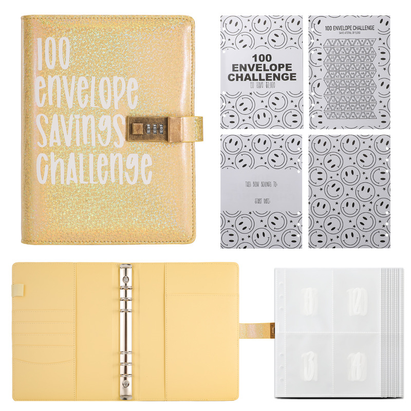100 Envelope Savings Challenge Binder with Password Lock Holographic Yellow A5 Cash Stuffing Budget Planner Book Money Organiser for Couples (Glitter Yellow) - Image 1