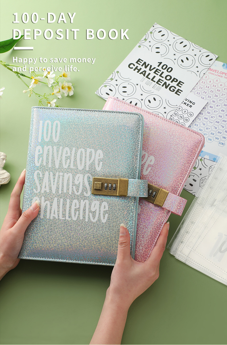 100 Envelope Savings Challenge Binder with Password Lock Holographic Yellow A5 Cash Stuffing Budget Planner Book Money Organiser for Couples (Glitter Yellow) - Image 2