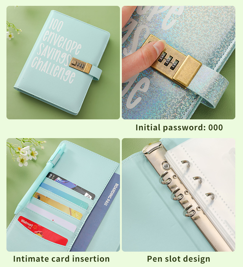 100 Envelope Savings Challenge Binder with Password Lock Holographic Yellow A5 Cash Stuffing Budget Planner Book Money Organiser for Couples (Glitter Yellow) - Image 3