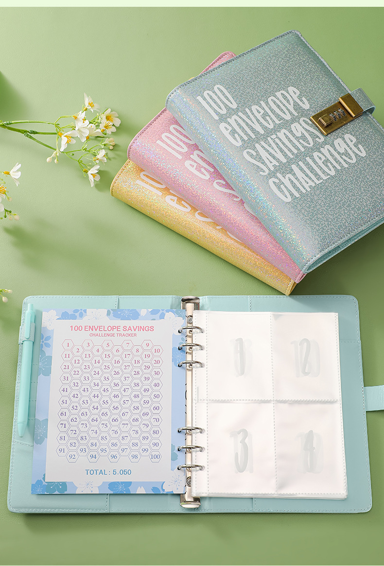 100 Envelope Savings Challenge Binder with Password Lock Holographic Yellow A5 Cash Stuffing Budget Planner Book Money Organiser for Couples (Glitter Yellow) - Image 6