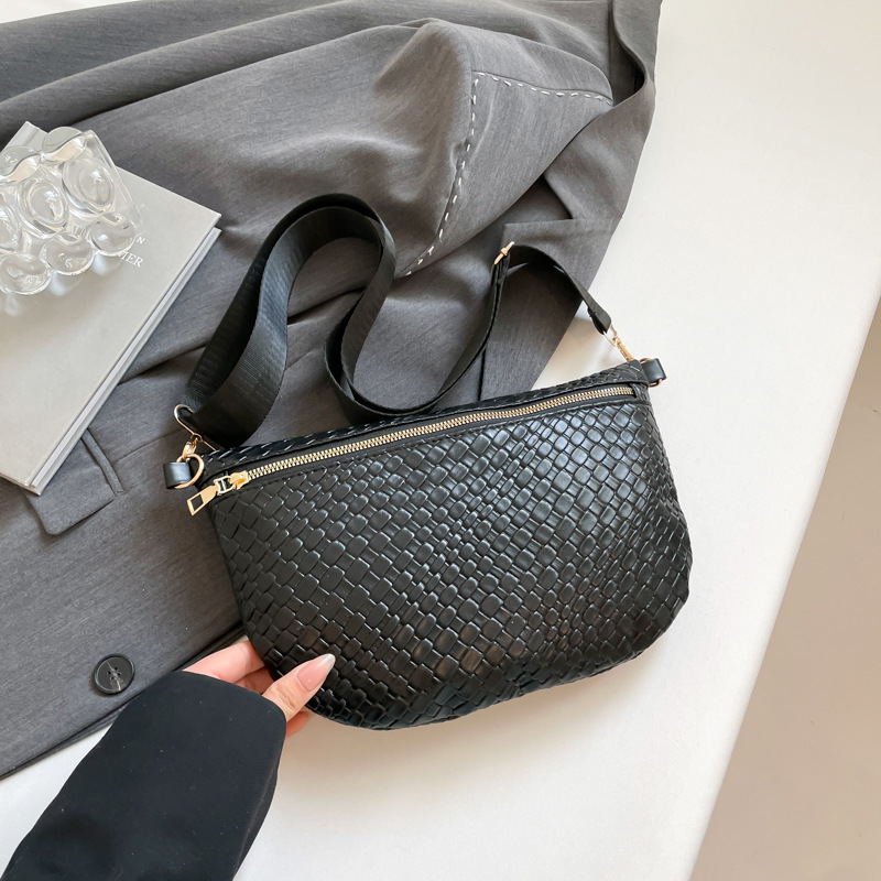 Women's Woven Crossbody Dumpling Bag Soft Vegan Leather Chest Waist Pack with Wide Adjustable Strap for Travel & Festivals (Black) - Image 1