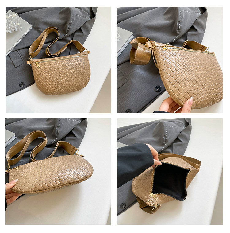Women's Woven Crossbody Dumpling Bag Soft Vegan Leather Chest Waist Pack with Wide Adjustable Strap for Travel & Festivals (Black) - Image 2