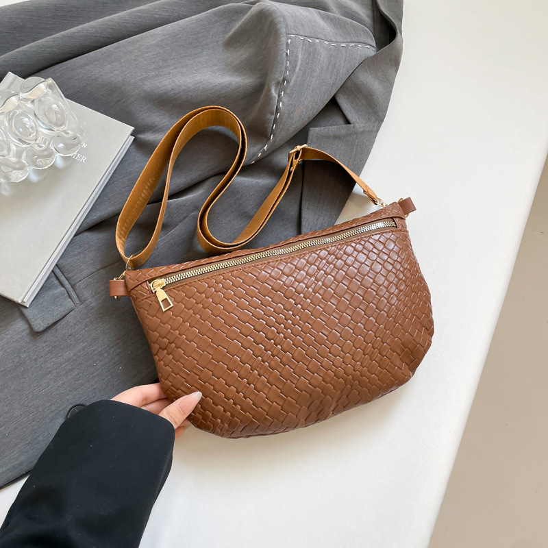 Women's Woven Crossbody Dumpling Bag Soft Vegan Leather Chest Waist Pack with Wide Adjustable Strap for Travel & Festivals (Brown) - Image 1