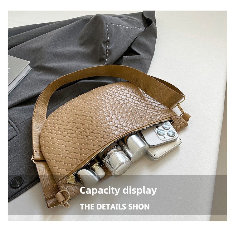 Women's Woven Crossbody Dumpling Bag Soft Vegan Leather Chest Waist Pack with Wide Adjustable Strap for Travel & Festivals (Brown) - Image 4