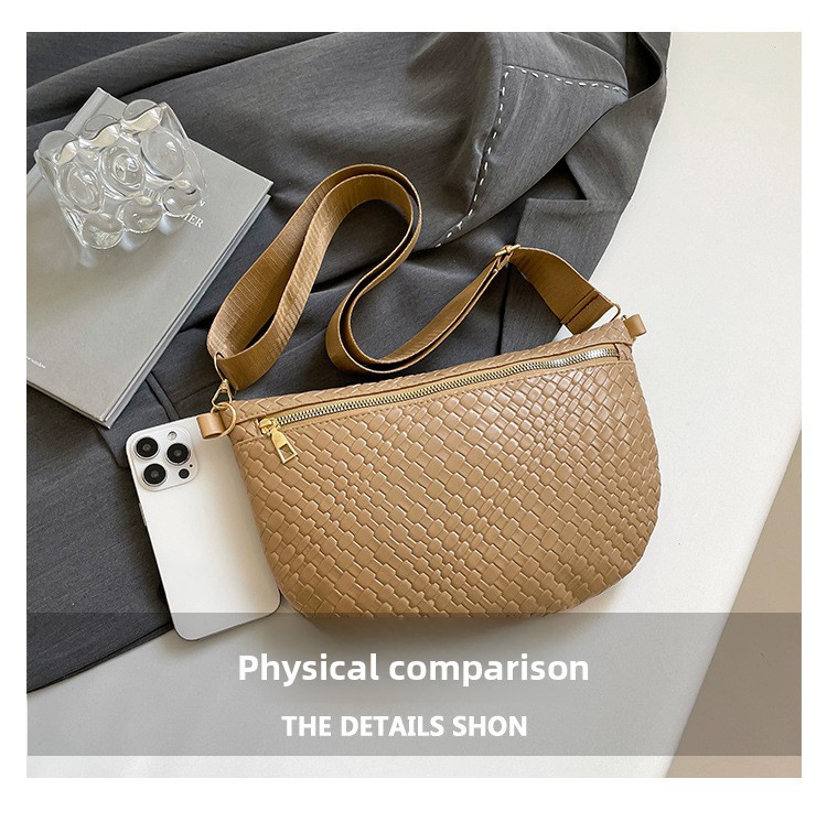 Women's Woven Crossbody Dumpling Bag Soft Vegan Leather Chest Waist Pack with Wide Adjustable Strap for Travel & Festivals (Brown) - Image 5