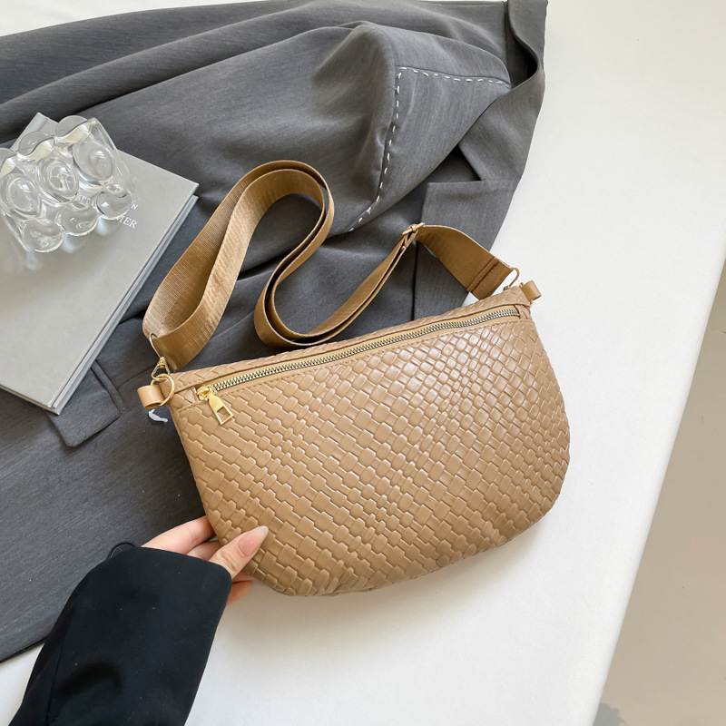 Women's Woven Crossbody Dumpling Bag Soft Vegan Leather Chest Waist Pack with Wide Adjustable Strap for Travel & Festivals (Khaki) - Image 1