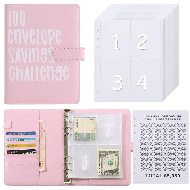 100 Envelope Savings Challenge Binder A5 Budget Planner Book PU Leather Cash Stuffing Money Organiser with Magnetic Closure & Tracker (Pink) - Image 1