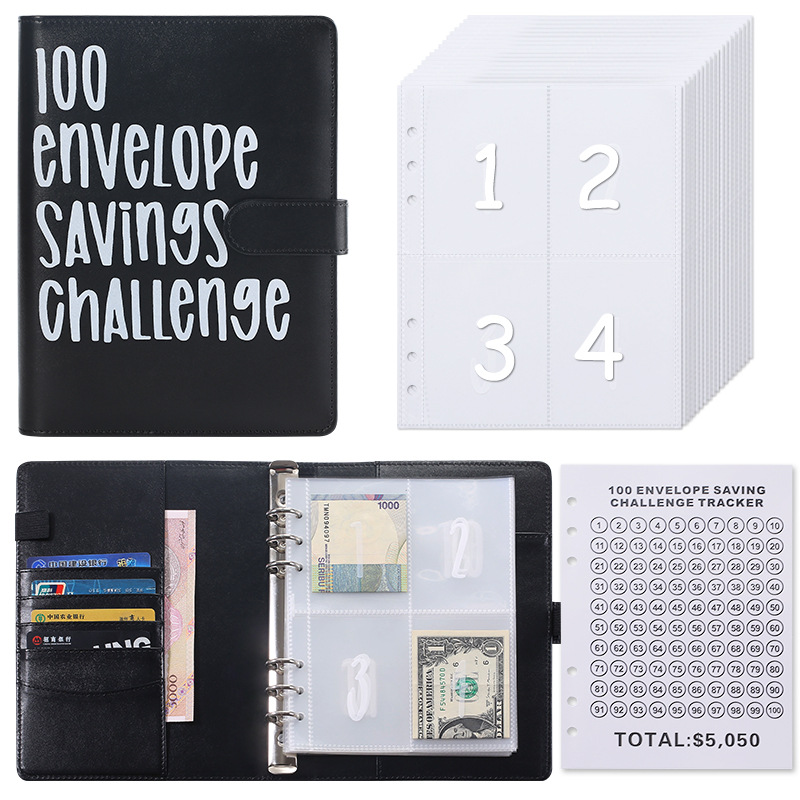 100 Envelope Savings Challenge Binder A5 Budget Planner Book PU Leather Cash Stuffing Money Organiser with Magnetic Closure & Tracker (Black) - Image 1