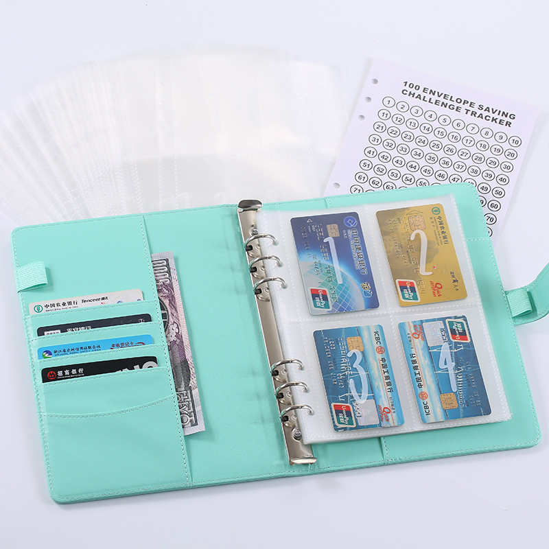 100 Envelope Savings Challenge Binder A5 Budget Planner Book PU Leather Cash Stuffing Money Organiser with Magnetic Closure & Tracker (Blue) - Image 1