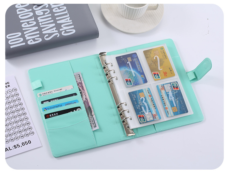 100 Envelope Savings Challenge Binder A5 Budget Planner Book PU Leather Cash Stuffing Money Organiser with Magnetic Closure & Tracker (Blue) - Image 5