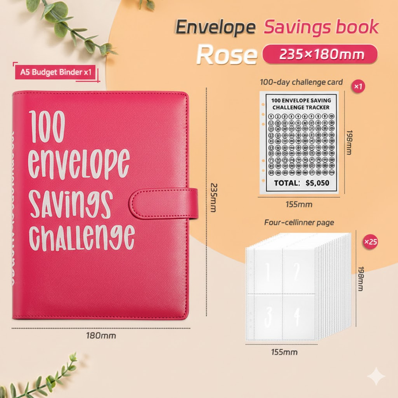 100 Envelope Savings Challenge Binder A5 Budget Planner Book PU Leather Cash Stuffing Money Organiser with Magnetic Closure & Tracker (Red) - Image 1