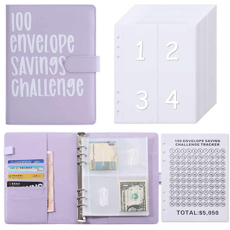 100 Envelope Savings Challenge Binder A5 Budget Planner Book PU Leather Cash Stuffing Money Organiser with Magnetic Closure & Tracker (Purple) - Image 1