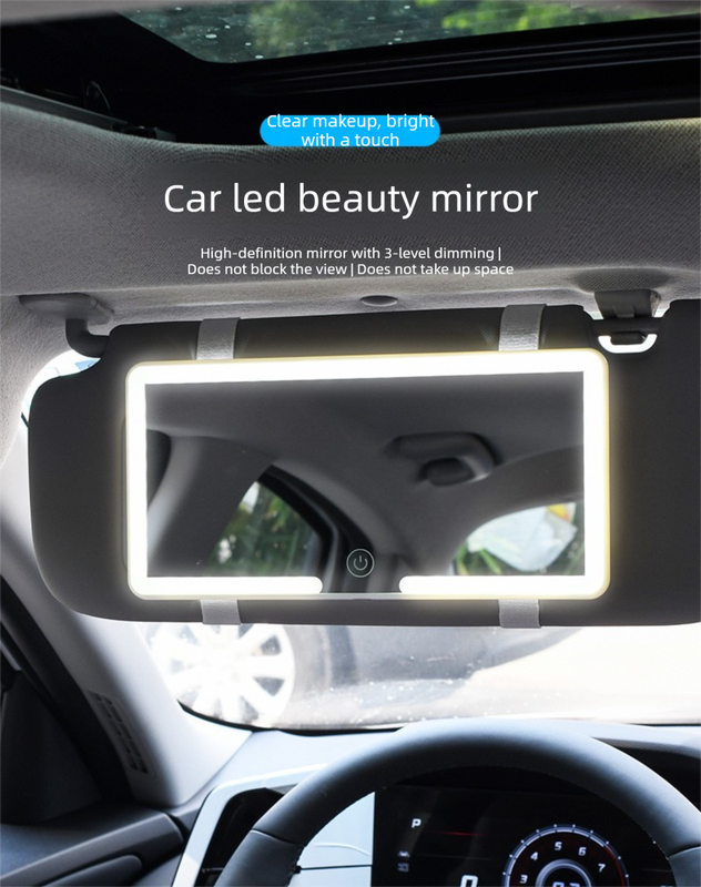 Car Visor Vanity Mirror with LED Lights Rechargeable Ultra-Thin Sun Visor Makeup Mirror 3 Light Modes Touch Control (Black) - Image 2