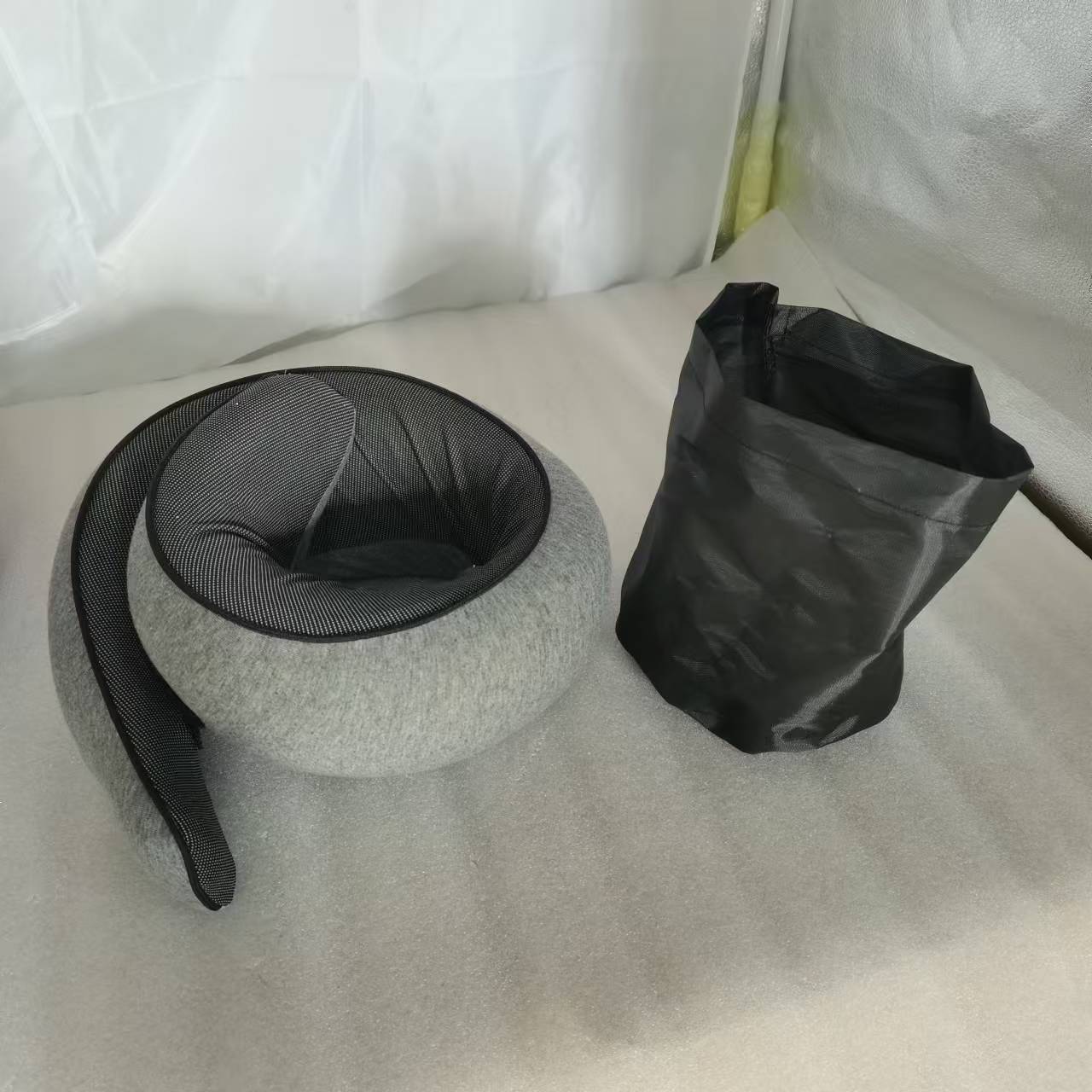 Memory Foam Travel Neck Pillow 360 Support Adjustable Snail Shape Chin Rest for Long Haul Flights Car & Office Portable with Storage Bag (Grey) - Image 1