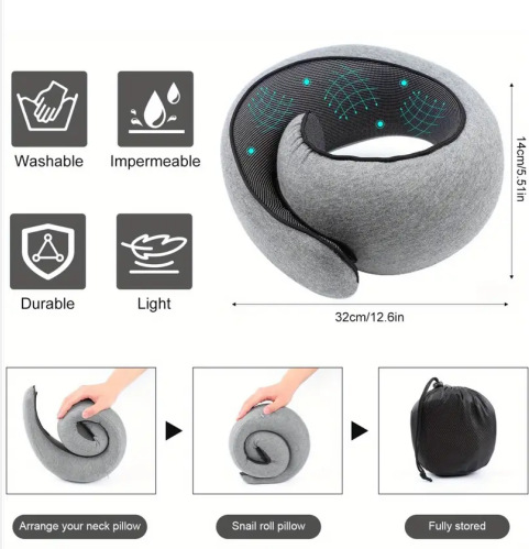 Memory Foam Travel Neck Pillow 360 Support Adjustable Snail Shape Chin Rest for Long Haul Flights Car & Office Portable with Storage Bag (Grey) - Image 5