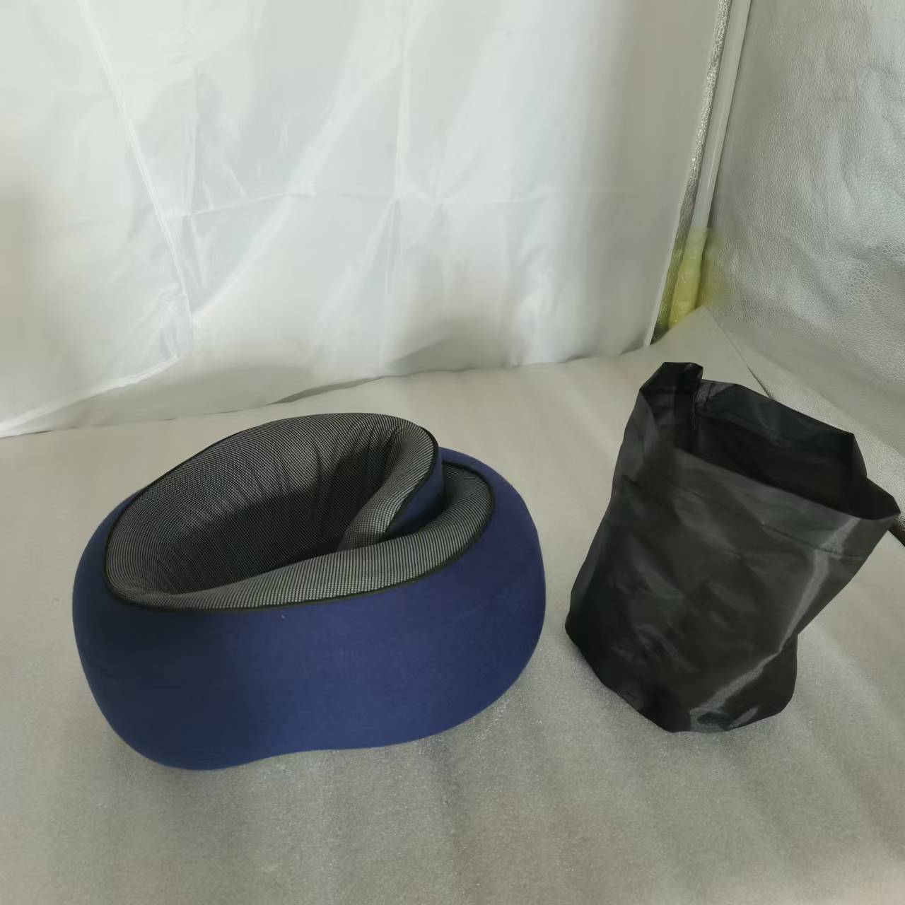 Memory Foam Travel Neck Pillow 360 Support Adjustable Snail Shape Chin Rest for Long Haul Flights Car & Office Portable with Storage Bag (Navy Blue) - Image 1