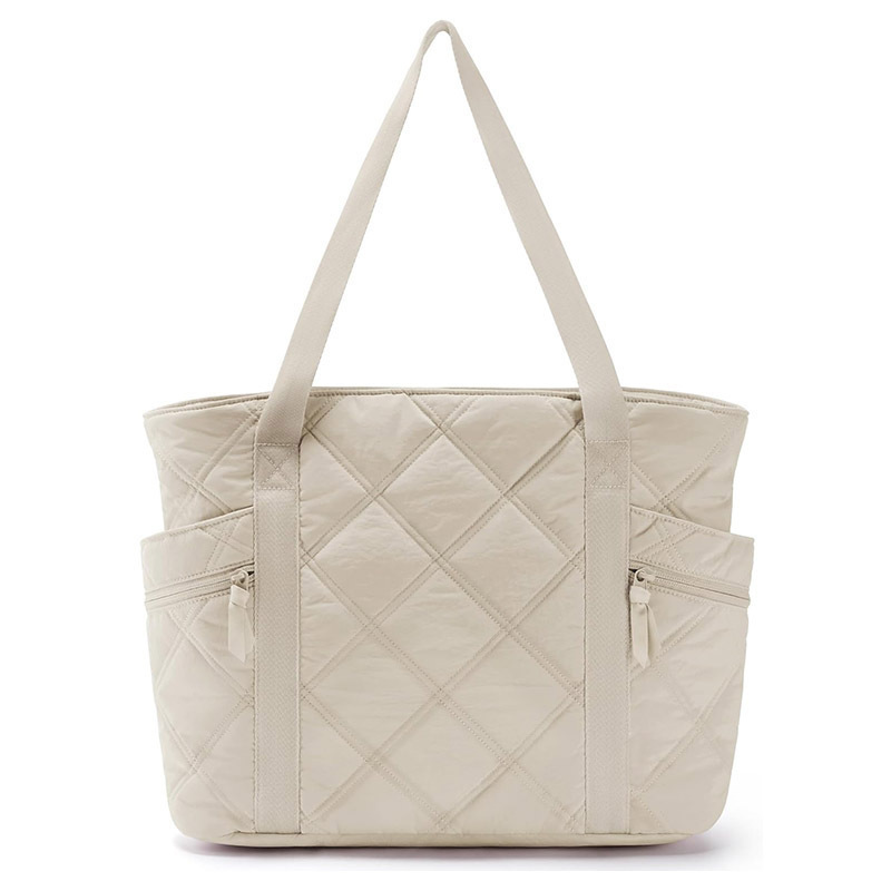 Womens Puffer Tote Bag Quilted Nylon Shoulder Handbag Large Capacity Laptop Work Travel Gym Carryall Bag with Zipper Beige - Image 1