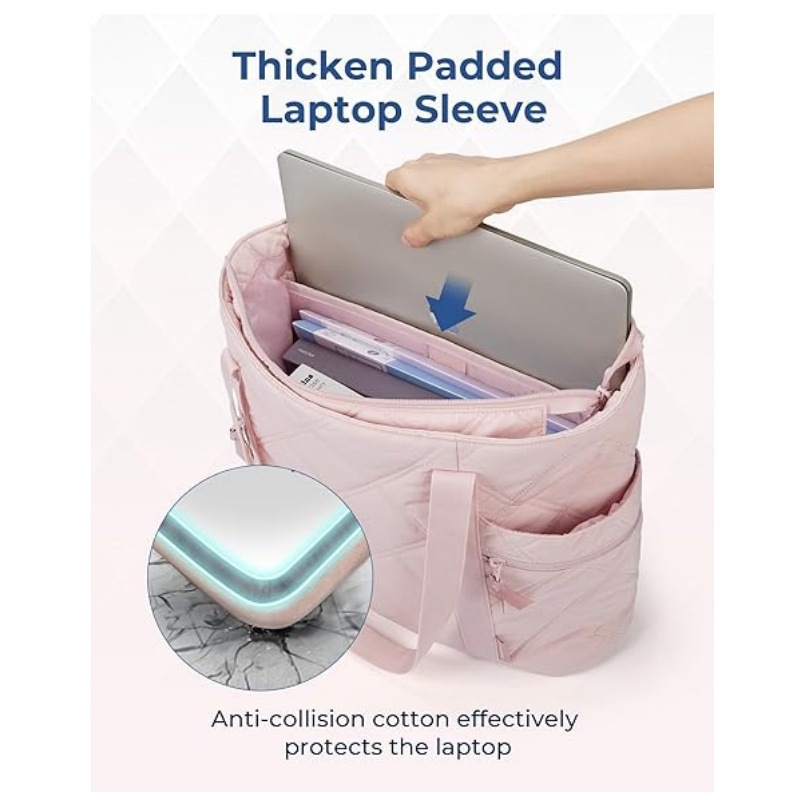 Womens Puffer Tote Bag Quilted Nylon Shoulder Handbag Large Capacity Laptop Work Travel Gym Carryall Bag with Zipper Beige - Image 2