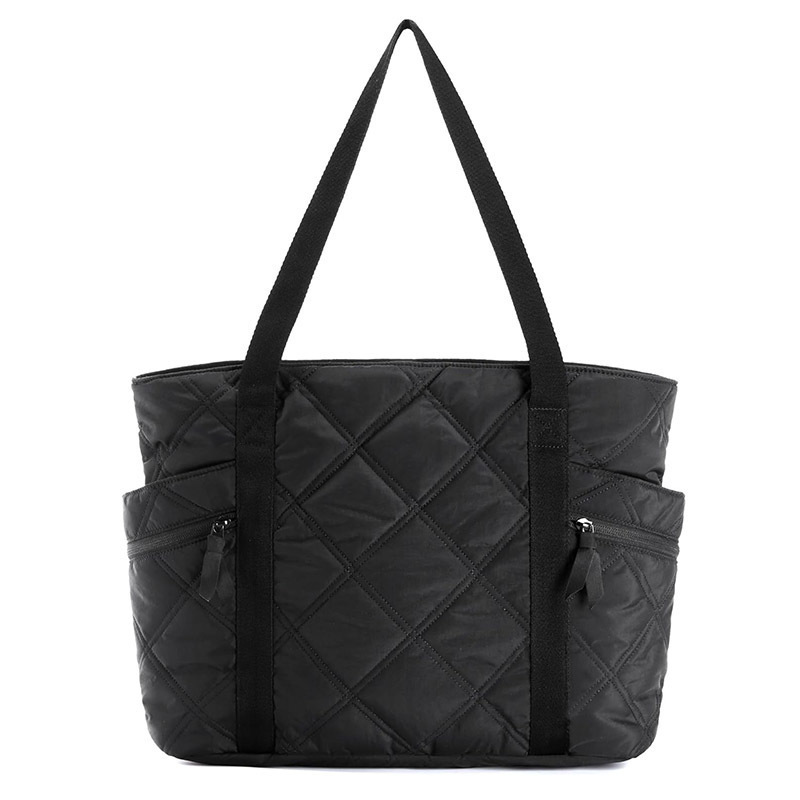 Womens Puffer Tote Bag Quilted Nylon Shoulder Handbag Large Capacity Laptop Work Travel Gym Carryall Bag with Zipper Black - Image 1