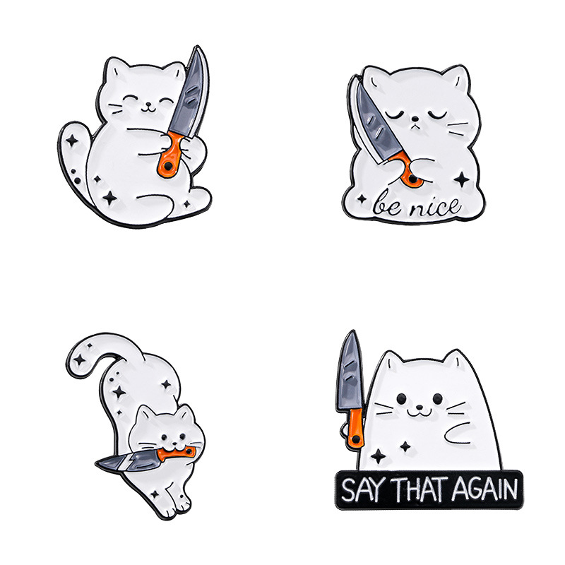 4 PCS Funny White Cat with Knife Enamel Pins Set Cute Cartoon Lapel Badge Brooch for Backpacks Denim Jackets Sassy Aesthetic Gift - Image 1