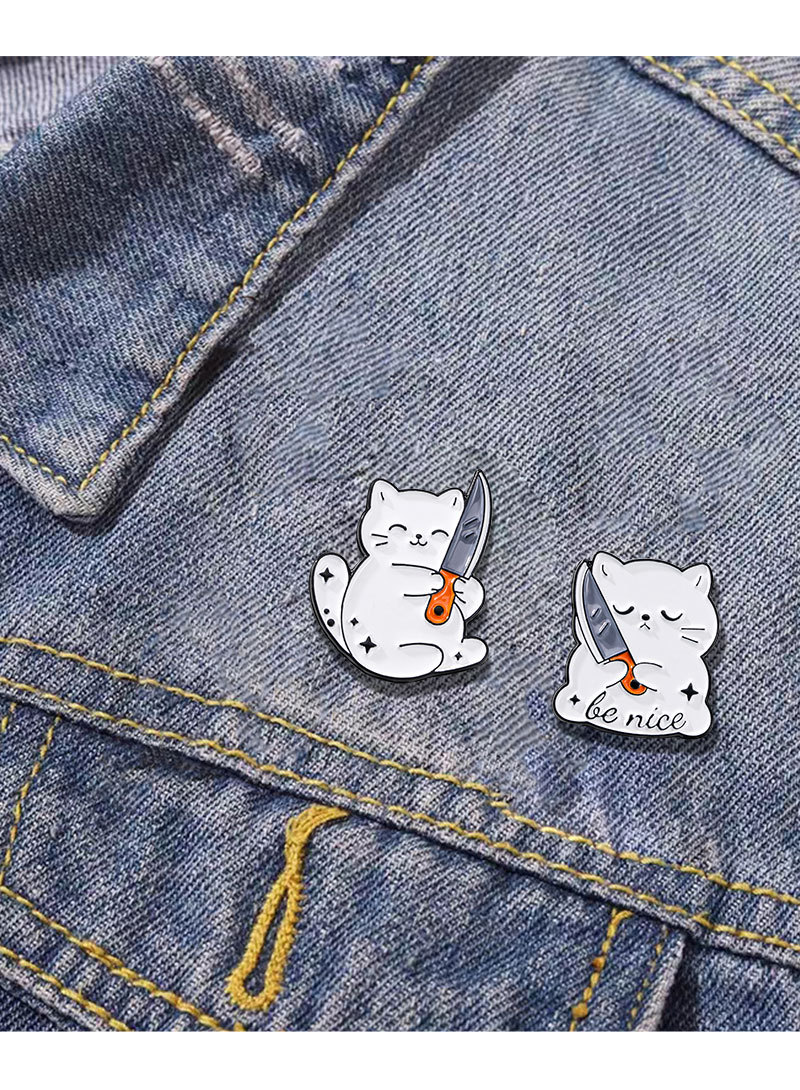 4 PCS Funny White Cat with Knife Enamel Pins Set Cute Cartoon Lapel Badge Brooch for Backpacks Denim Jackets Sassy Aesthetic Gift - Image 3