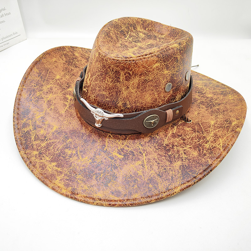 Retro Western Cowboy Hat Khaki Distressed Crackle Finish Bull Head Emblem Wide Brim Sun Protection Outback Bush Hat for Men Women L 58-60cm - Image 1