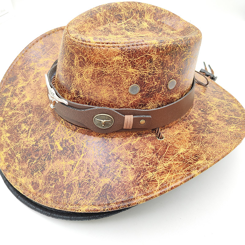 Retro Western Cowboy Hat Khaki Distressed Crackle Finish Bull Head Emblem Wide Brim Sun Protection Outback Bush Hat for Men Women L 58-60cm - Image 3