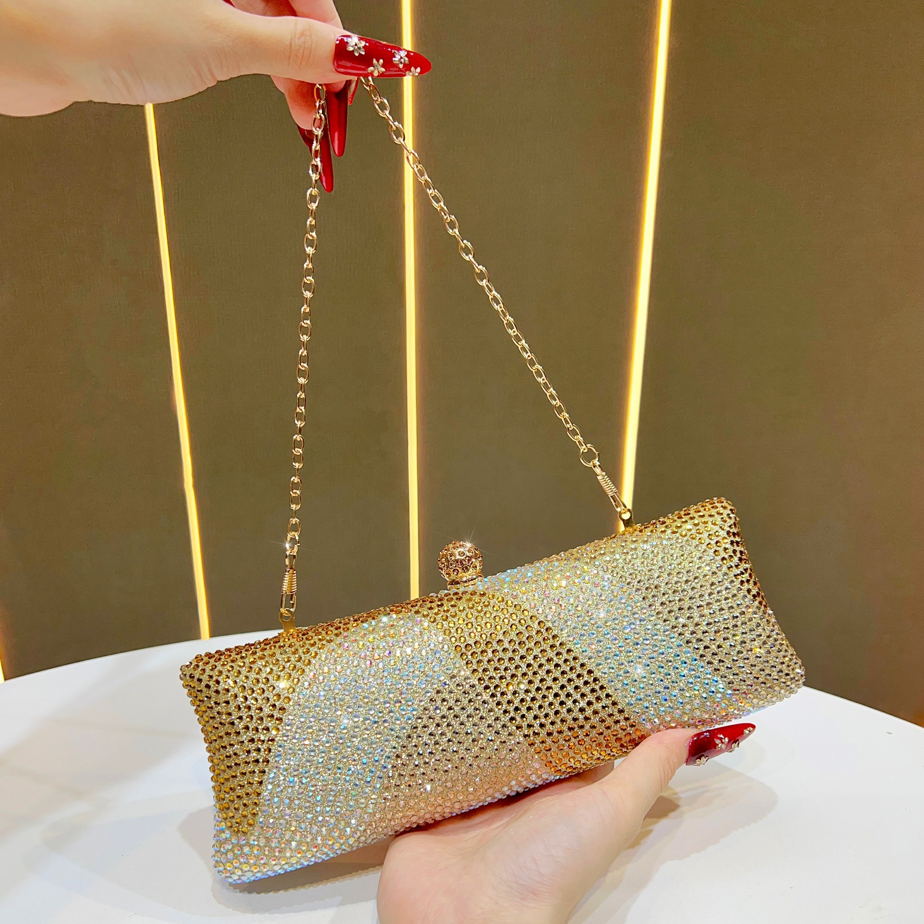 Luxury Gold Crystal Evening Clutch Bag Gradient Rhinestone Hard Case Purse with Detachable Chain for Wedding Prom Cocktail Party Fits Smartphone - Image 1