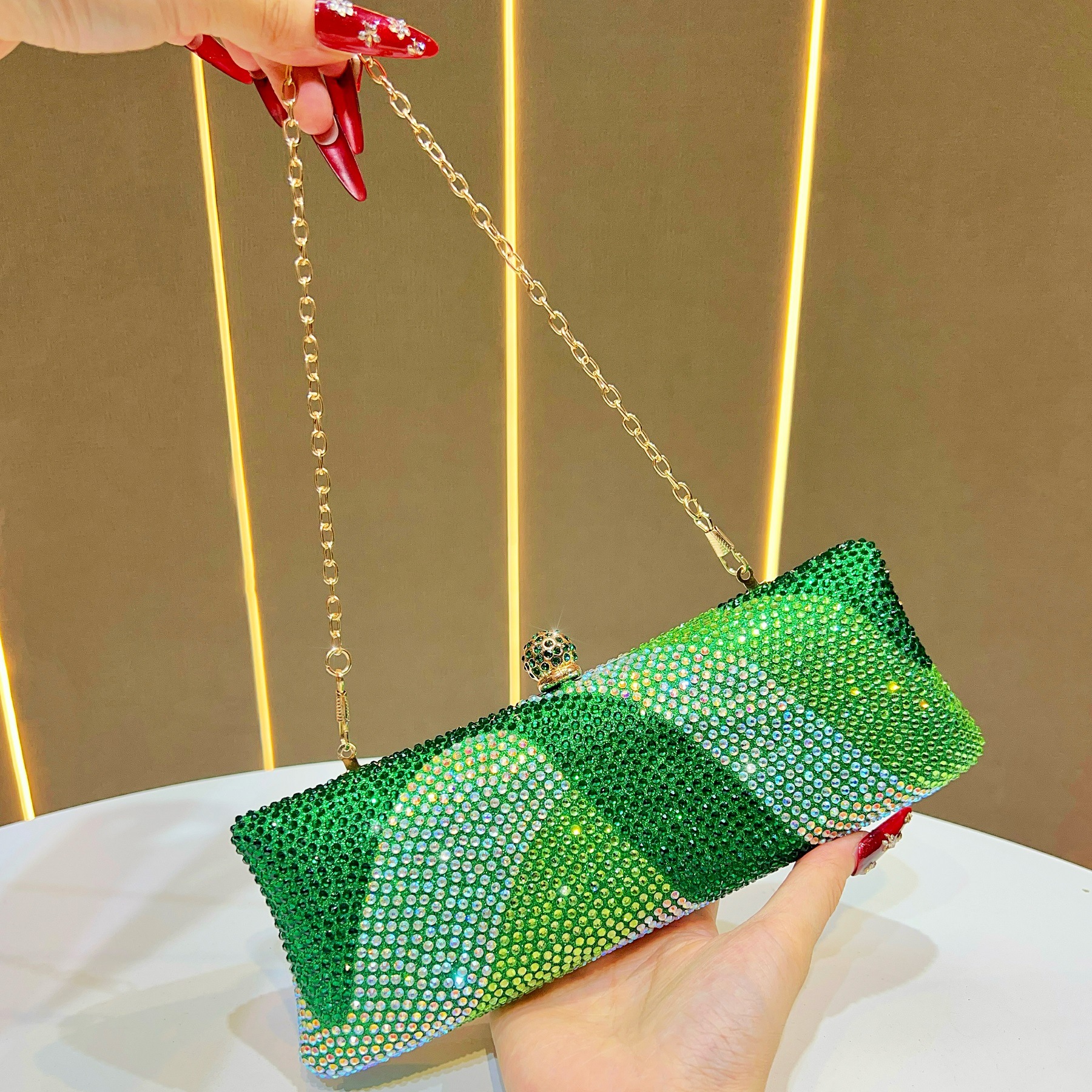 Luxury Green Crystal Evening Clutch Bag Gradient Rhinestone Hard Case Purse with Detachable Chain for Wedding Prom Cocktail Party Fits Smartphone - Image 1