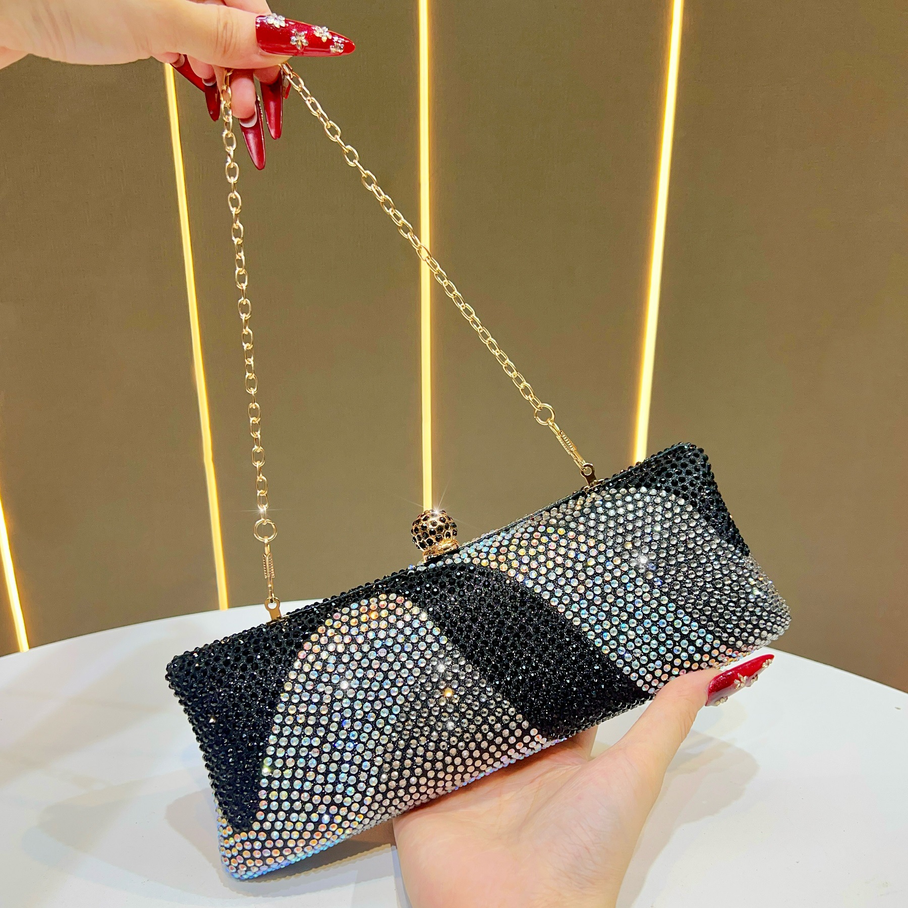 Luxury Black Crystal Evening Clutch Bag Gradient Rhinestone Hard Case Purse with Detachable Chain for Wedding Prom Cocktail Party Fits Smartphone - Image 1