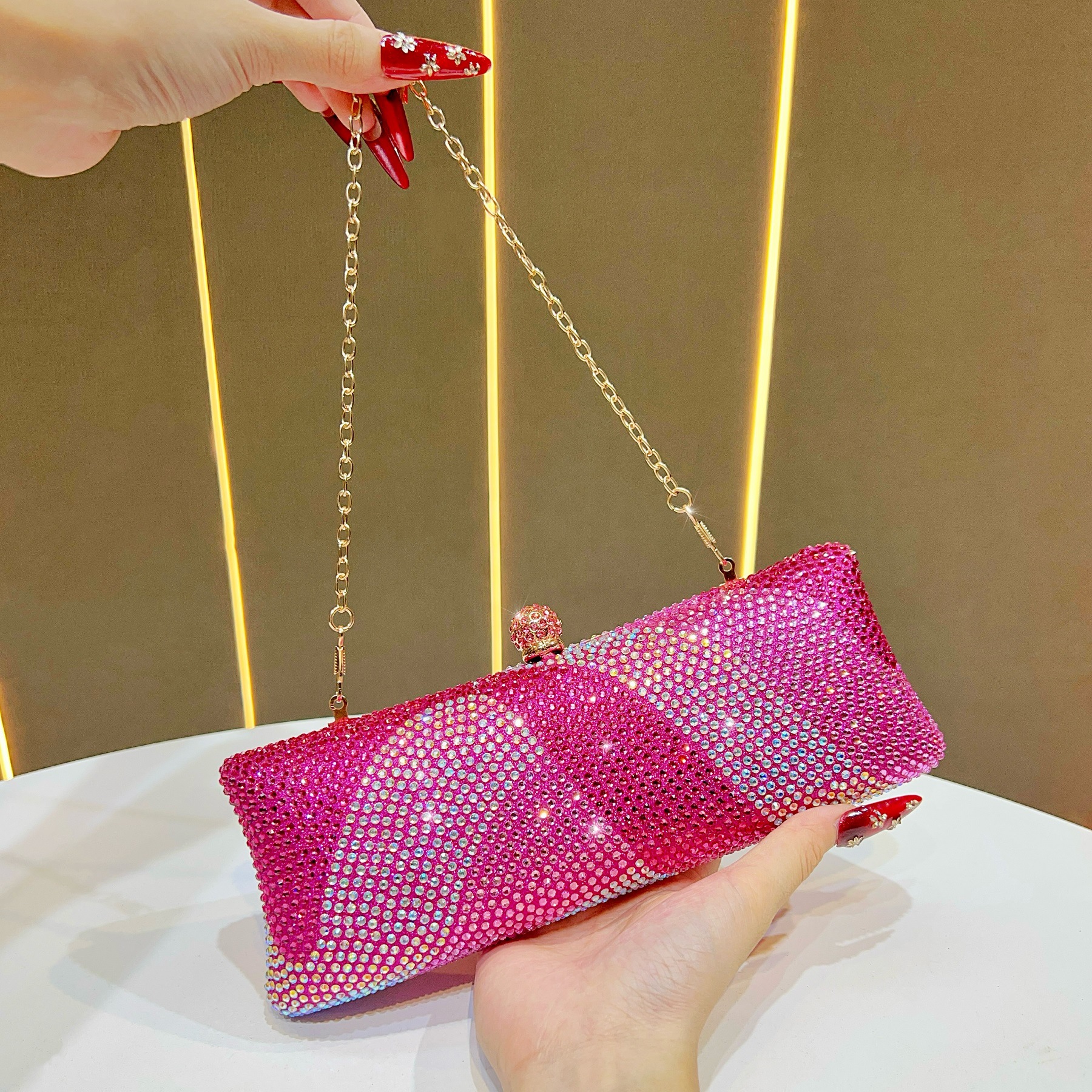 Luxury Rose Red Crystal Evening Clutch Bag Gradient Rhinestone Hard Case Purse with Detachable Chain for Wedding Prom Cocktail Party Fits Smartphone - Image 1