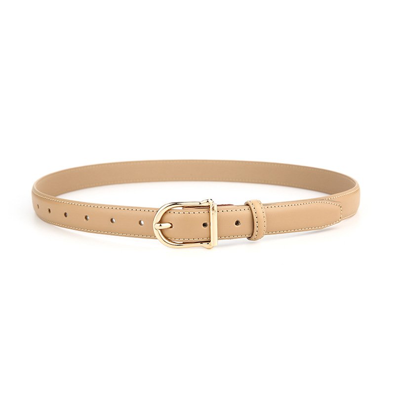 Women's Genuine Leather Thin Belt 2.3cm Width Minimalist Gold D-Shaped Buckle Casual Waist Strap for Jeans Dresses Khaki 105cm - Image 1