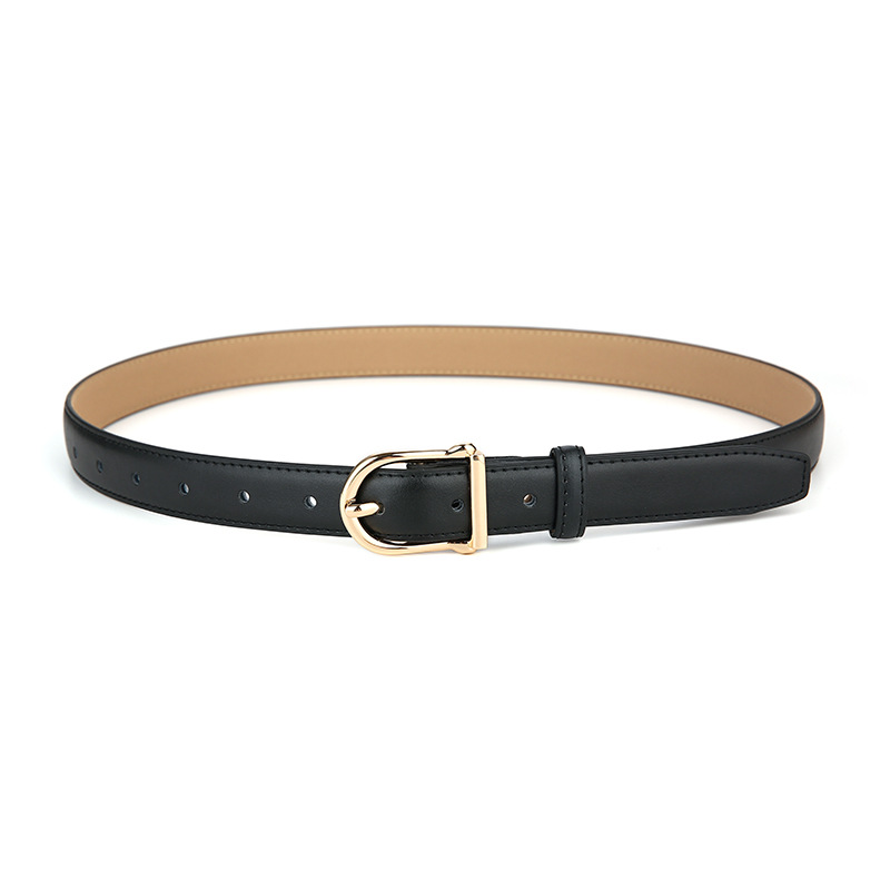 Women's Genuine Leather Thin Belt 2.3cm Width Minimalist Gold D-Shaped Buckle Casual Waist Strap for Jeans Dresses Black 105cm - Image 1