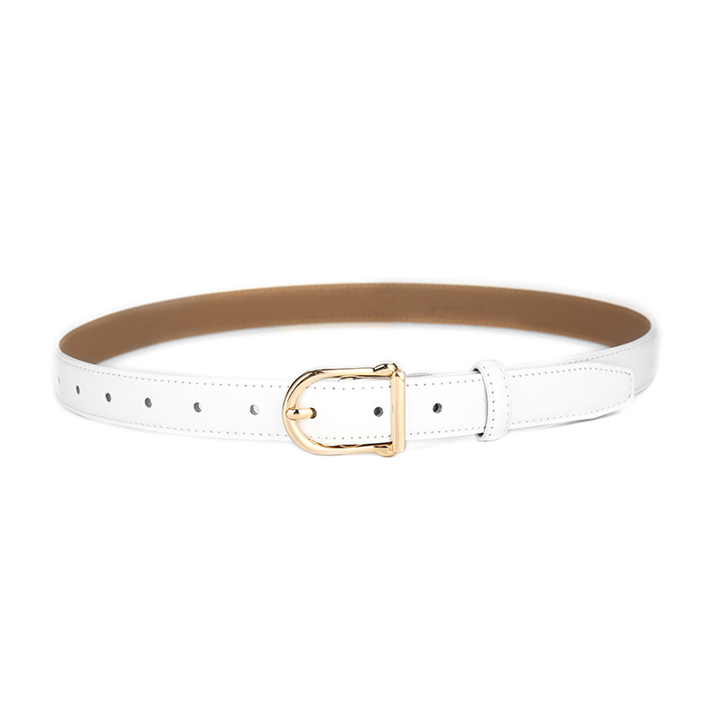 Women's Genuine Leather Thin Belt 2.3cm Width Minimalist Gold D-Shaped Buckle Casual Waist Strap for Jeans Dresses White 105cm - Image 1