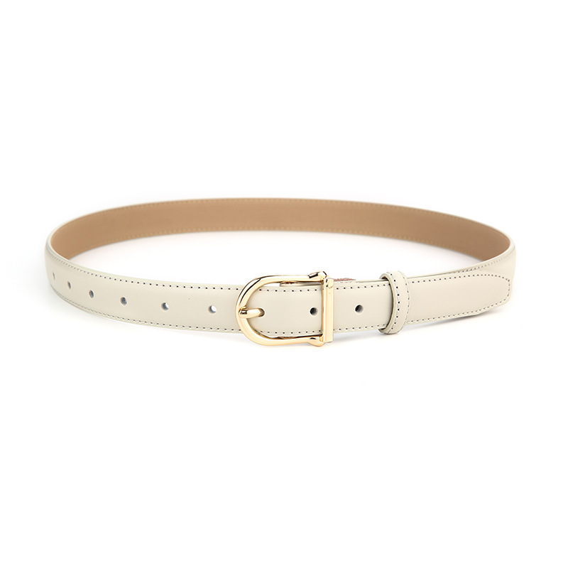 Women's Genuine Leather Thin Belt 2.3cm Width Minimalist Gold D-Shaped Buckle Casual Waist Strap for Jeans Dresses Grey 105cm - Image 1
